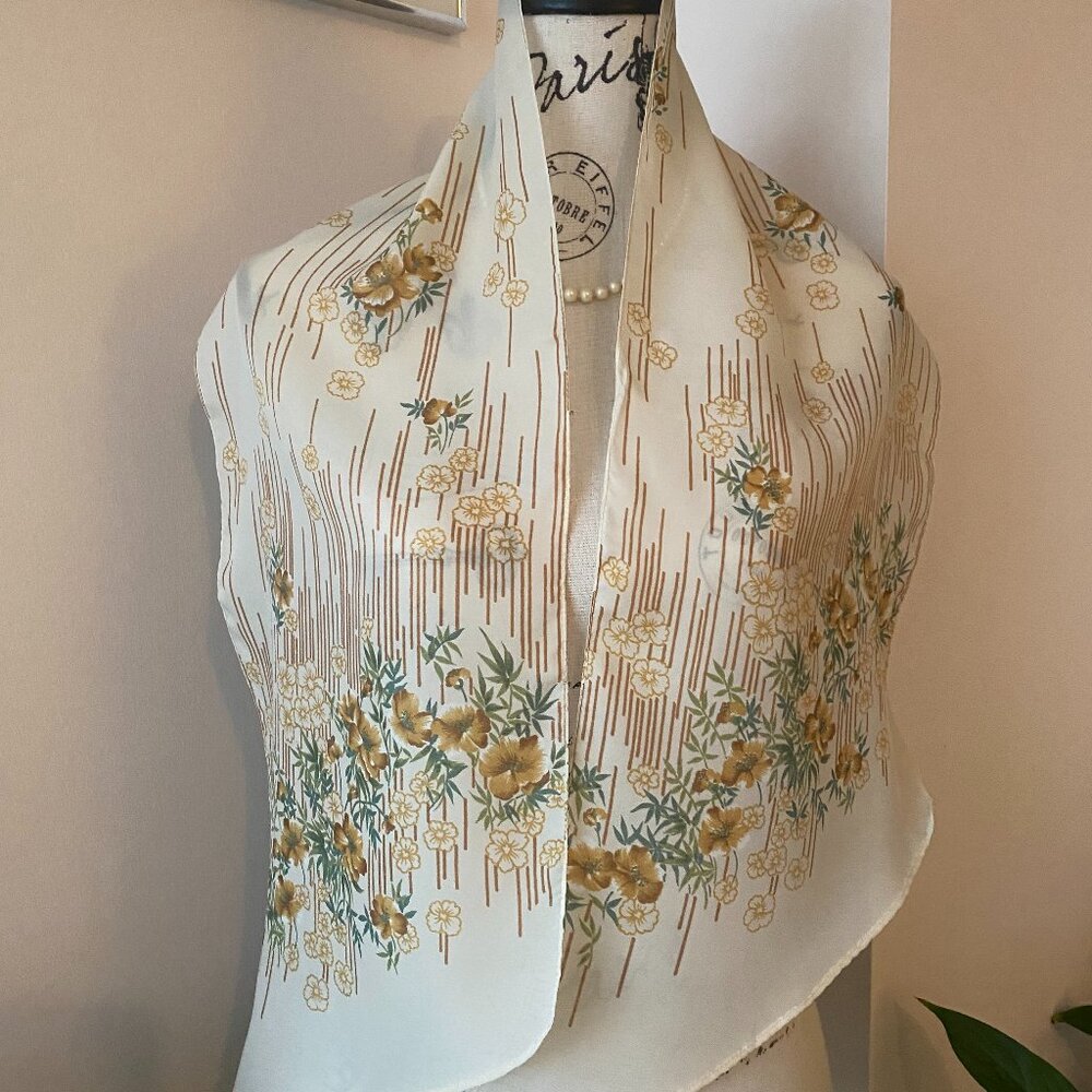 Vintage Scarf With Beige, Yellow & Green Floral Design